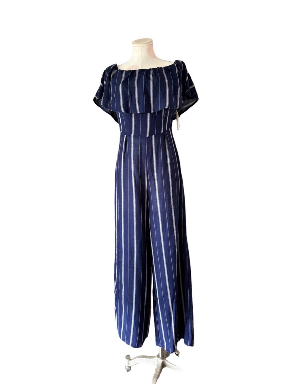 NWT Altar’d State Cara Off Shoulder Wide Leg Jumpsuit Navy Stripe Medium - Picture 10 of 10